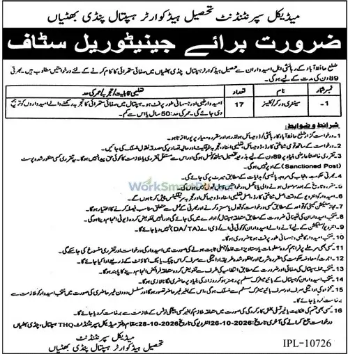 Tehsil Headquarter Hospital Pindi Bhatian 17 Cleaner Jobs Jang 11-10-2026