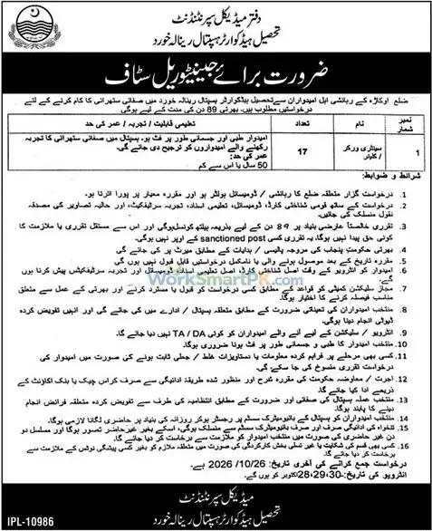 Tehsil Headquarter Hospital Renala Khurd 17 Cleaner Jobs Duniya 16-10-2026