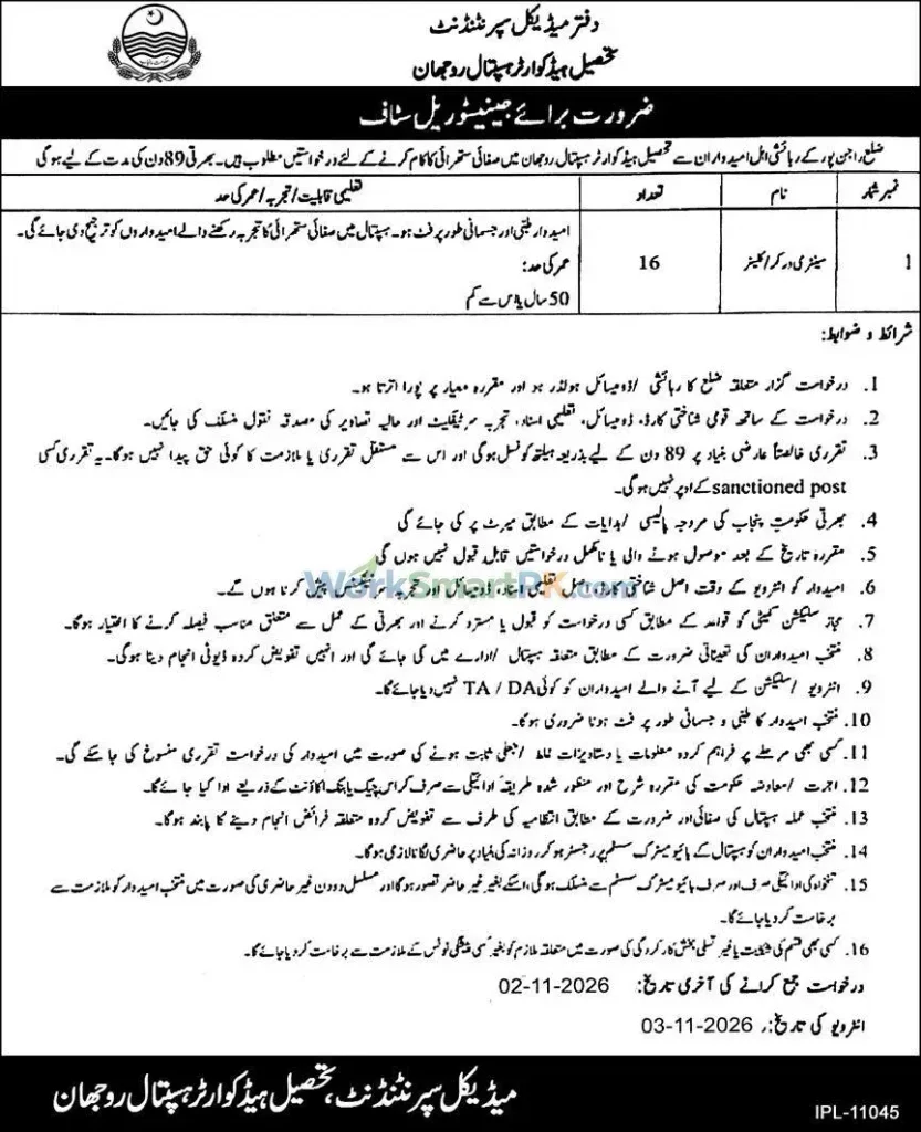 Tehsil Headquarter Hospital Rojhan 16 Cleaner Jobs Express 17-10-2026
