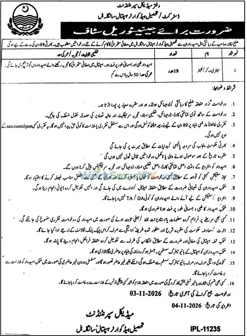 Tehsil Headquarter Hospital Sangla Hil 19 Cleaner Jobs Jang 23-10-2026