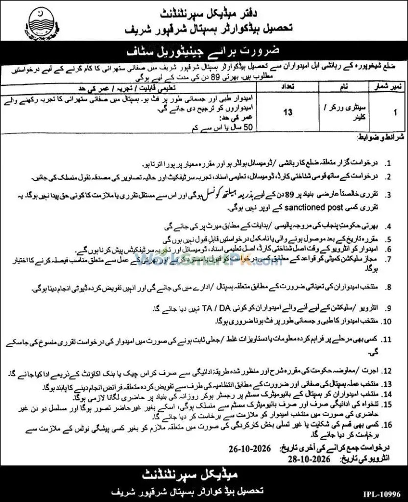 Tehsil Headquarter Hospital Sharaqpur Sharif 13 Cleaner Jobs Express 16-10-2026