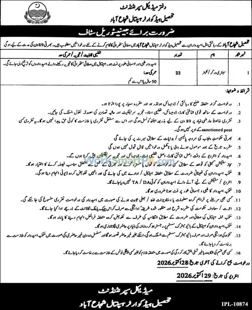 Tehsil Headquarter Hospital Shujabad 22 Cleaners Jobs Express 15-10-2026