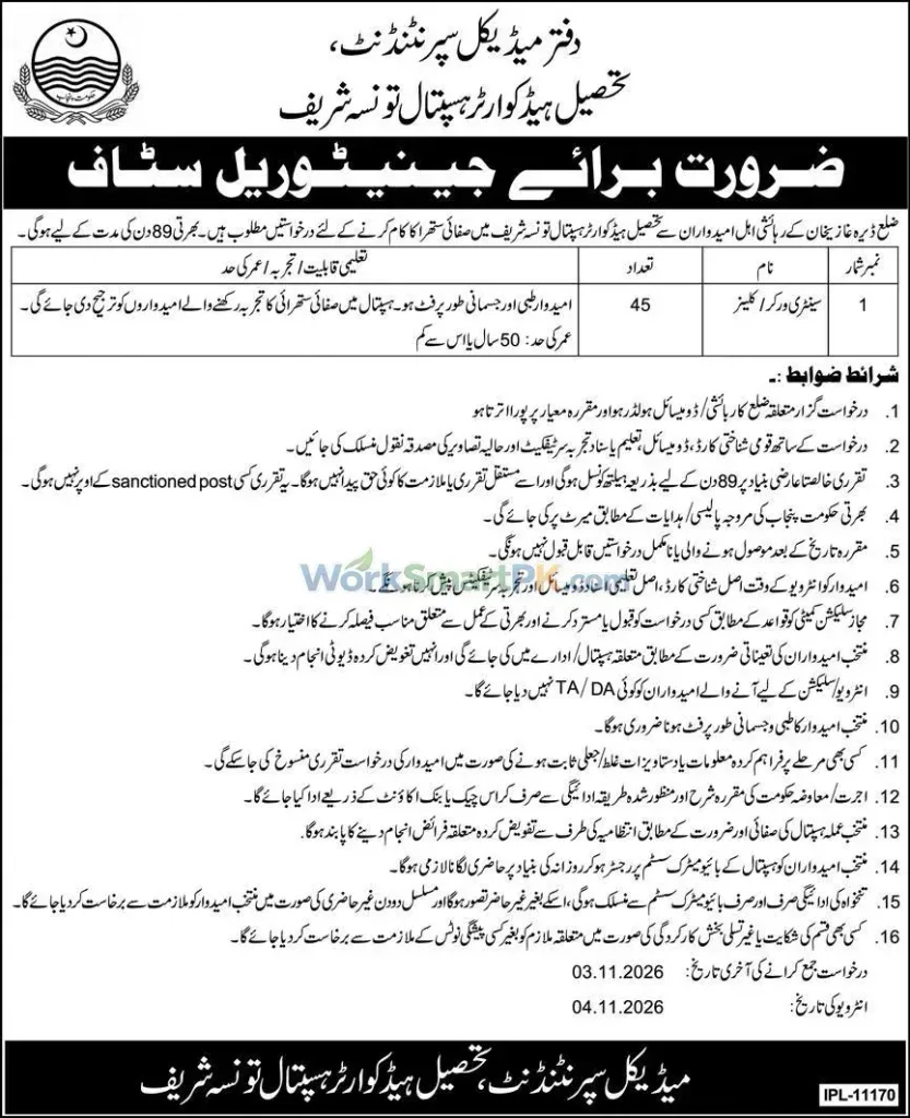 Tehsil Headquarter Hospital Taunsa Sharif 45 Cleaners Jobs Express 21-10-2026