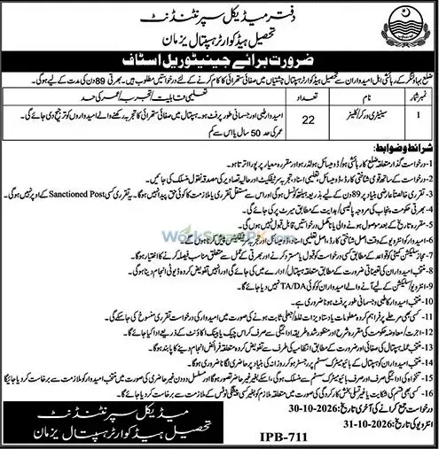 Tehsil Headquarter Hospital Yazman 22 Cleaner Jobs Jang 14-10-2026