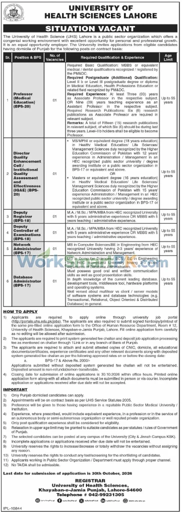 UHS Lahore Professors Jobs Dawn 15-10-2026