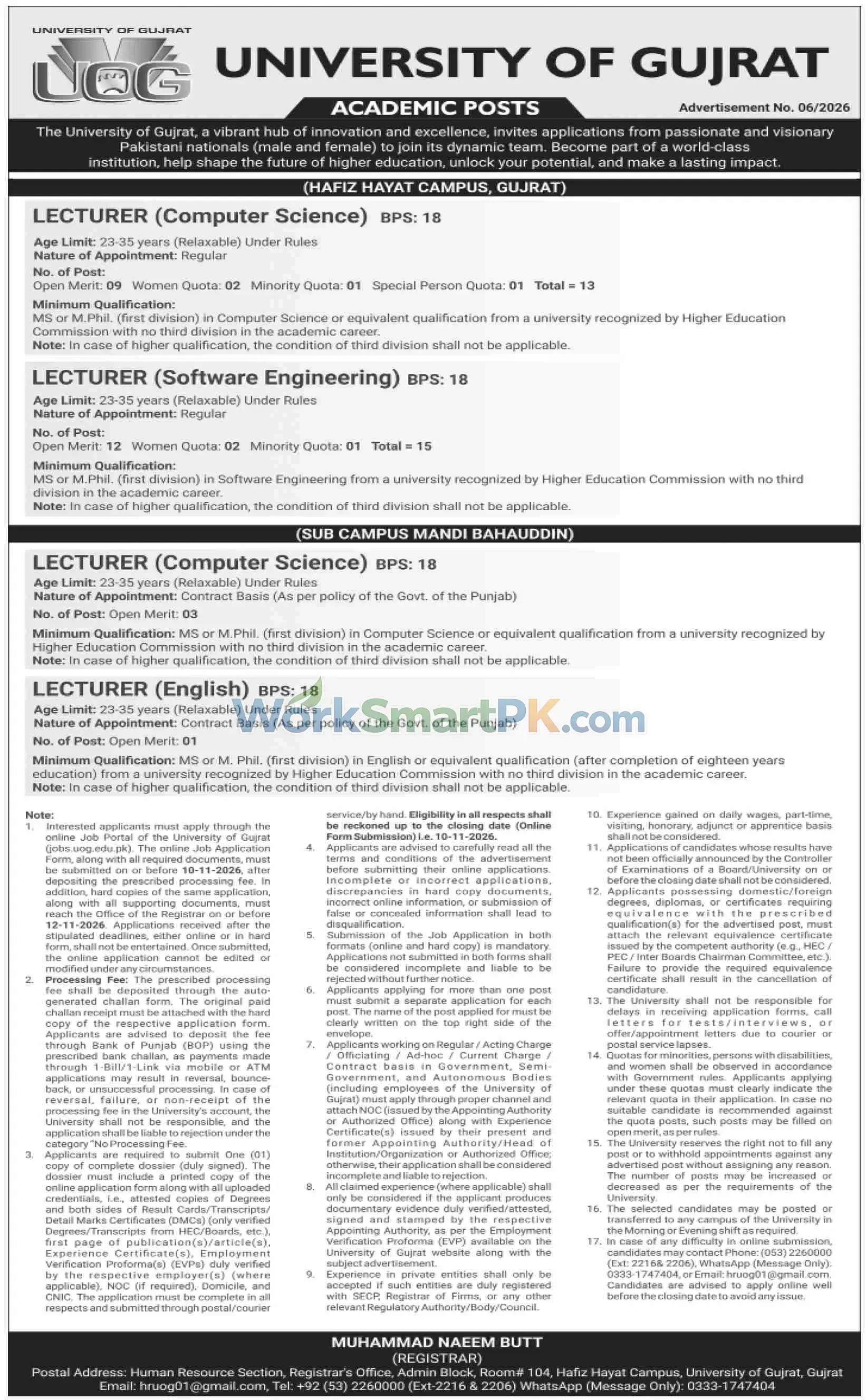 University of Gujrat Academic Positions Dawn 18-10-2026