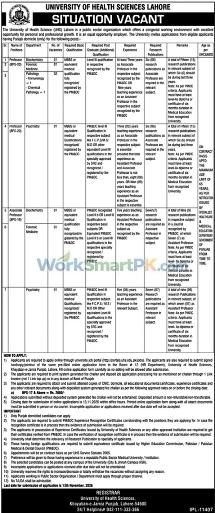 University of Health Sciences Lahore Faculty Jobs Duniya 28-10-2026