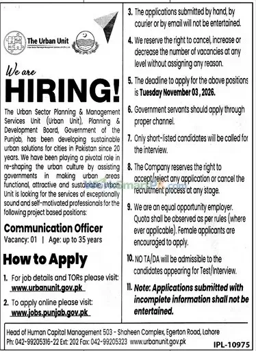 Urban Unit Punjab Lahore Communication Officer Jobs Jang 17-10-2026