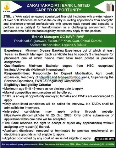ZTBL Bank Branch Manager Jobs Jang 11-10-2026